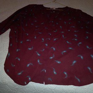 LOFT Women's XL Maroon Peacock Feather Print Button Front Long Sleeve Blouse